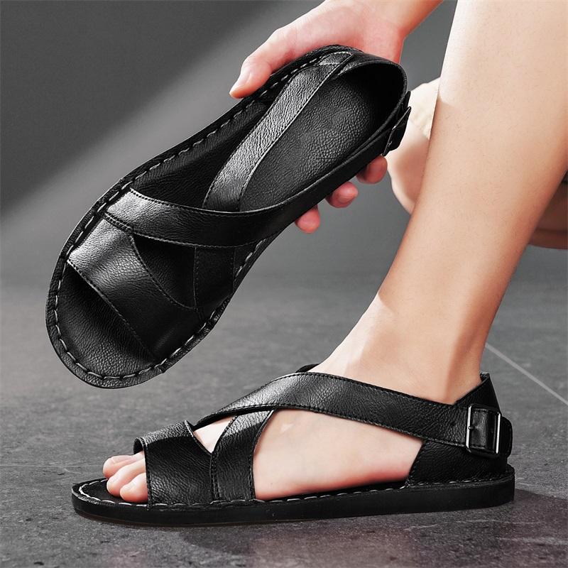 Sandali bassi semplici fatti a mano da uomo Sandali romani estivi Pelle rétro nero marrone Punta aperta Scarpe da spiaggia Taglie forti