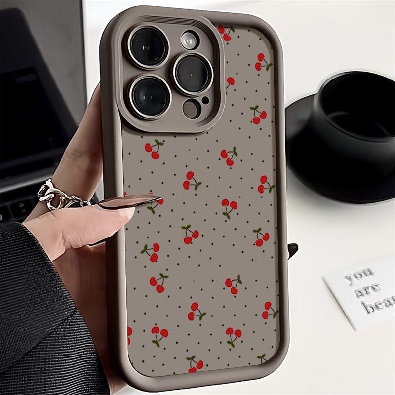 Little Cherry Pattern TPU Soft Matte Phone Case For iPhone 16 Pro Max 15 Pro 14 13 12 11 XR XS Shockproof Lens Protection Bumper Cover
