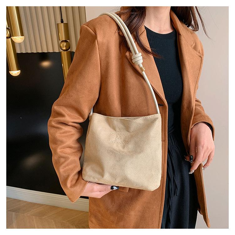 Faux Suede Handbag Casual Rope Buckle Design Multicolor Shoulder Bag Adjustable Straps Tote Work Crossbody Bucket Bag