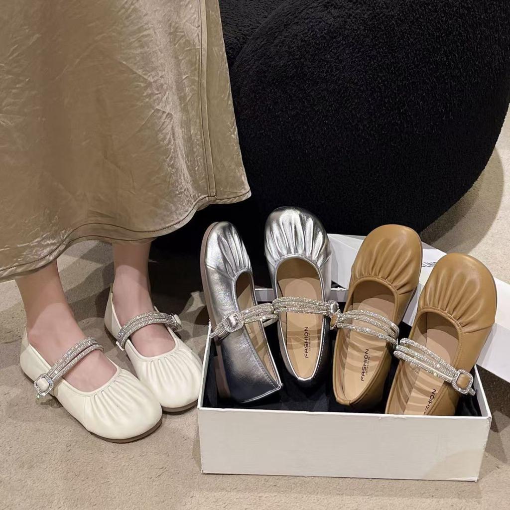 Mary Jane Women's Shoes 2025 One-word Soft-soled Single Shoes Women's Autumn New Flat-soled Buckle Night Rhinestones