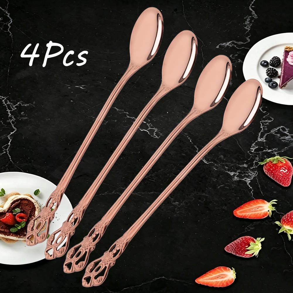 4Pcs Stainless Steel Long-Handled Ice Teaspoon Coffee Spoon Ice Cream Stirring Spoon Kitchen Accessories Tableware Set
