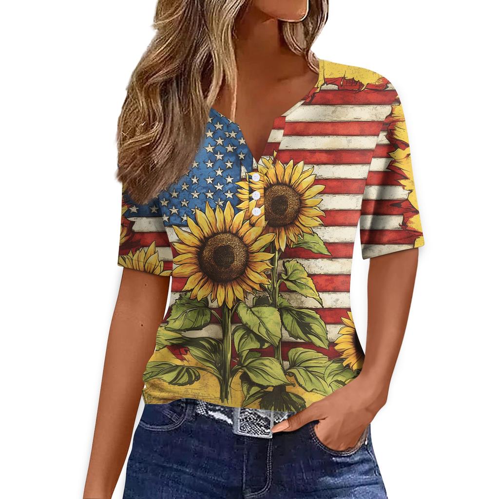 Women Casual V Neck Short Sleeve T Shirt Button Detail Sunflower Print Lightweight Summer Top for Everyday Wear