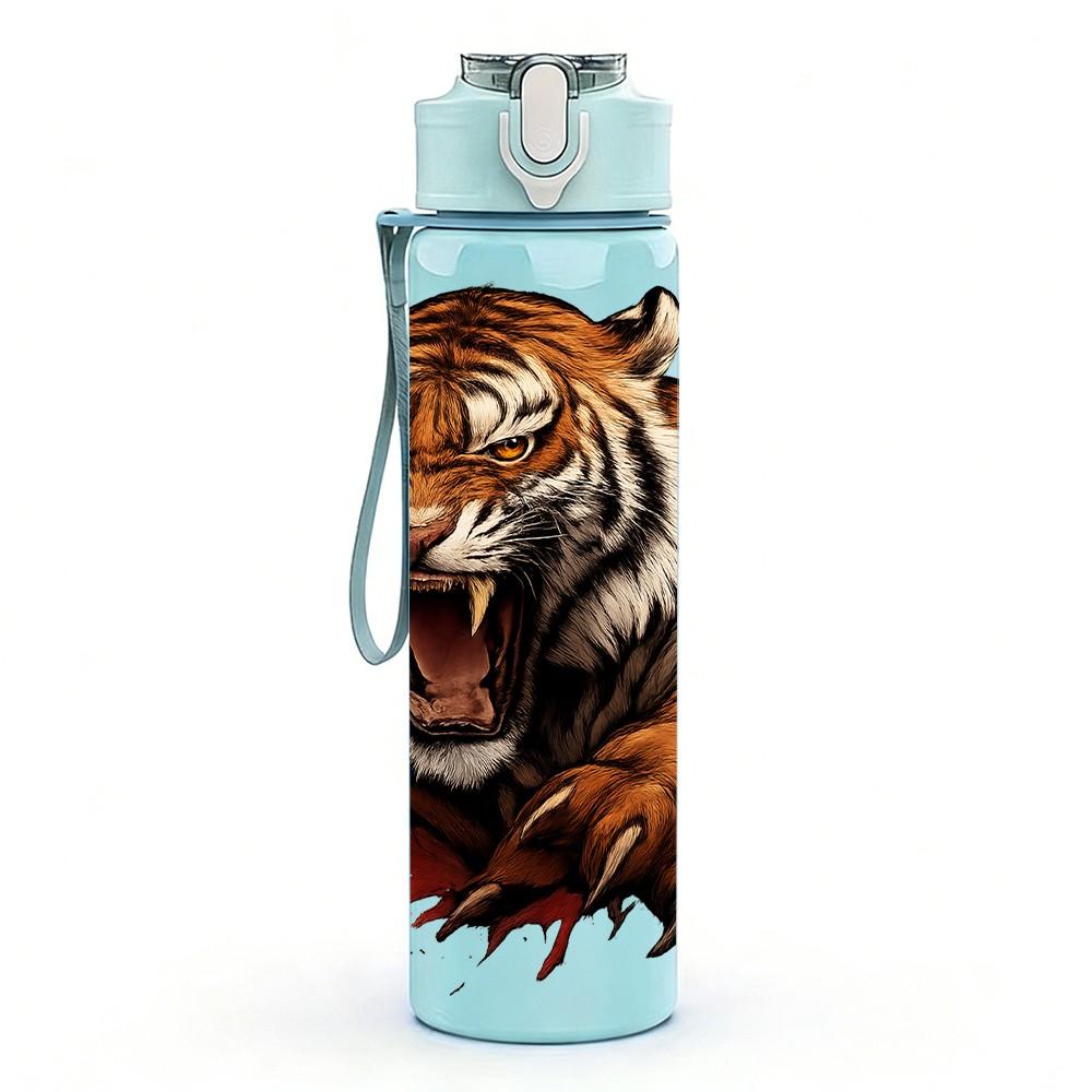 1PC Fierce Tiger Wild Animal Pattern 750ml Color Plastic Sports Water Bottle Leakproof Flip Straw Lid Suitable for Sports Office Home Use