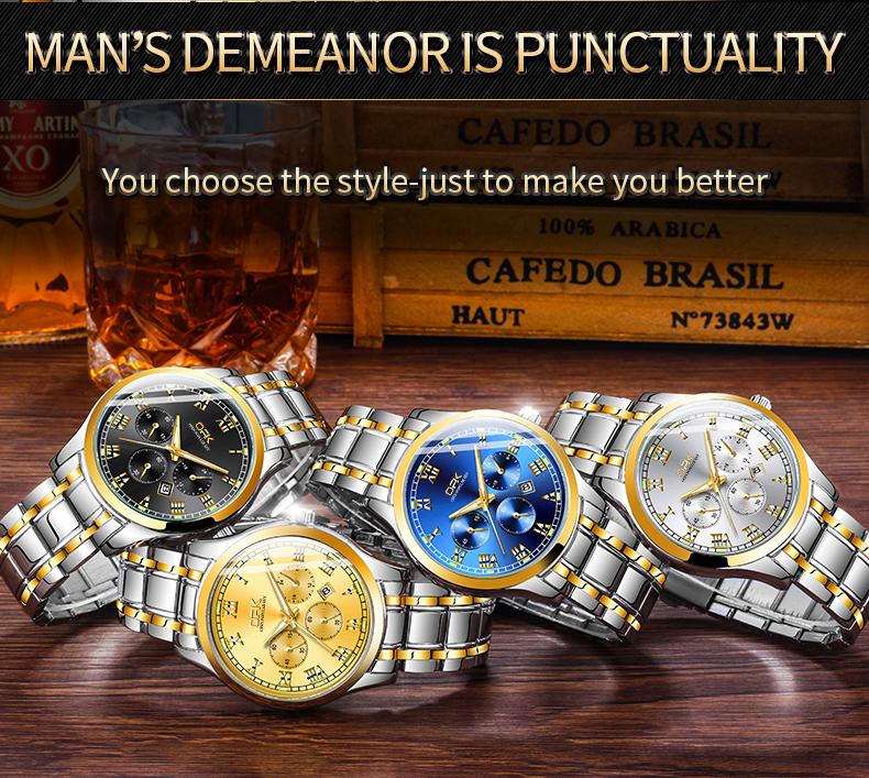 OPK 8119 Classic Chronograph Men Watch Calendar Luminous Stainless Steel Waterproof Quartz Man Business Wristwatch