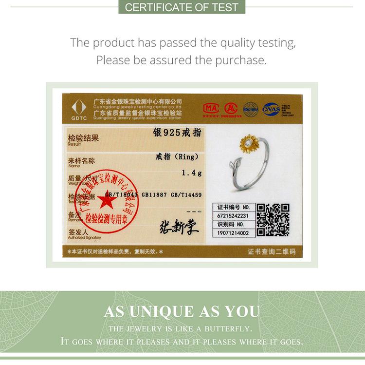 BAMOER Inel ajustabil în formă de floare de soare, din argint 925, zircon strălucitor, pentru femei, bijuterii fine elegante