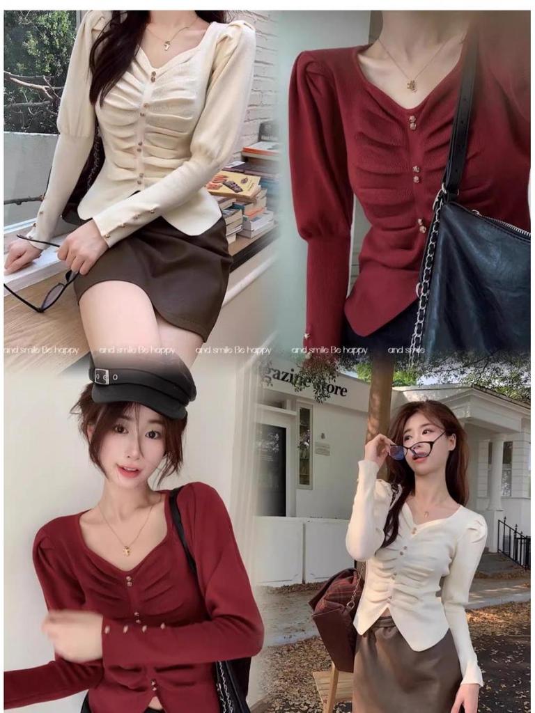 Women's High-End Chic Square Neck Ruched Knitted Sweater for Autumn/Winter