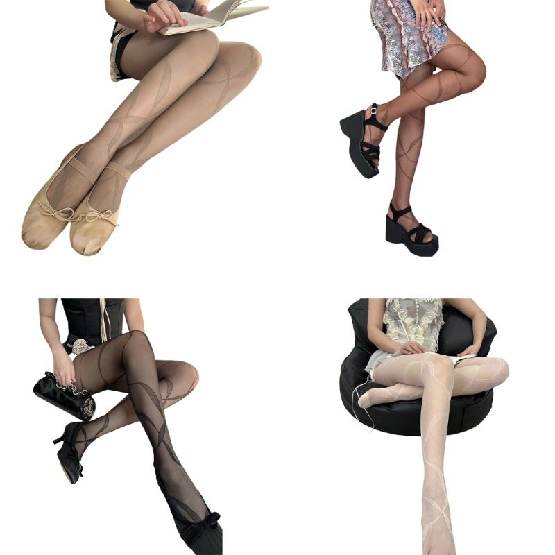 Womens Sweet Ribbon Streamer Patterned Sheer Silk Tights Stockings Aesthetic Vintage Ultra Thin Jacquard Dance Pantyhose