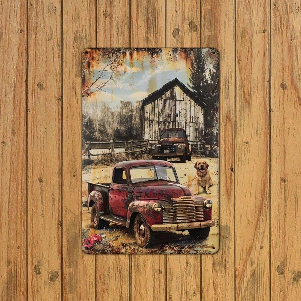 Metal Wall Art Decor, Vintage Ranch Truck with Dog, Garage Man Cave Tin Sign