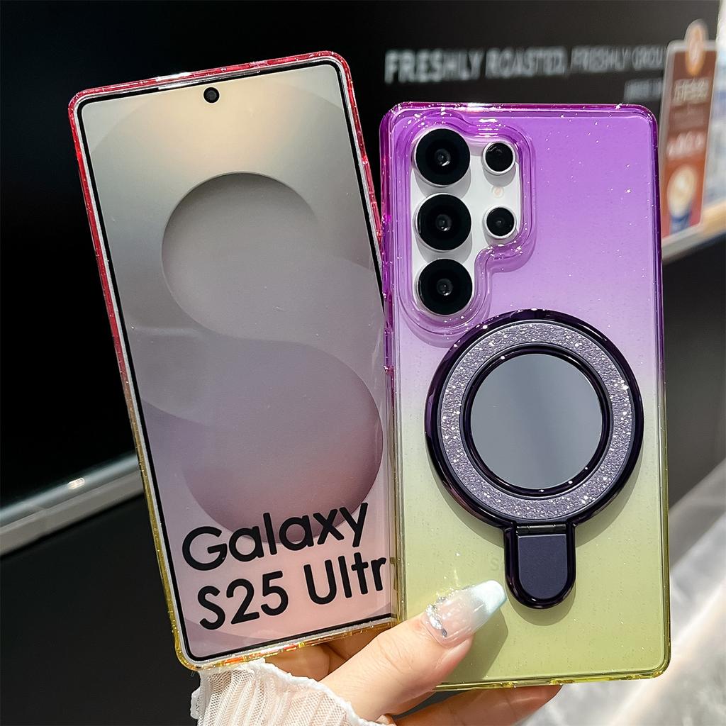 For Samsung Galaxy S25 Ultra Case Glitter PC+TPU Clear Mirror Kickstand Phone Cover with Compatible with MagSafe