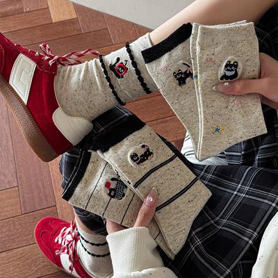 Women's Cotton Socks, Boneless Women's Embroidered Autumn and Winter Cute Cartoon Dot Yarn Pile Socks