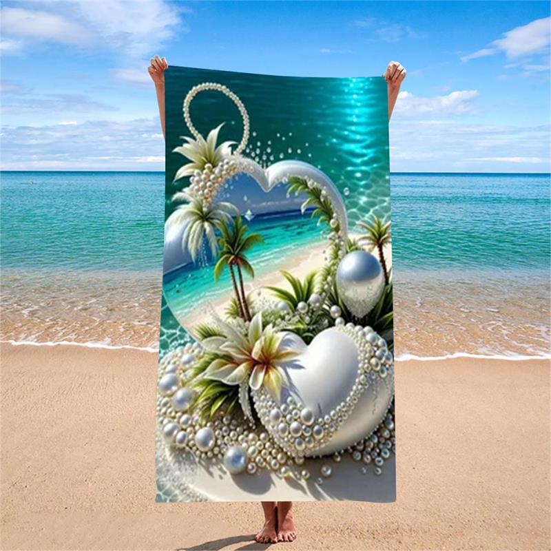 

1PC Pearl Heart Coconut Tree Beach Towel Quick Dry Bath Towel Beach Vacation Photography Essential Elegant Tropical Design W40*H60(CM)