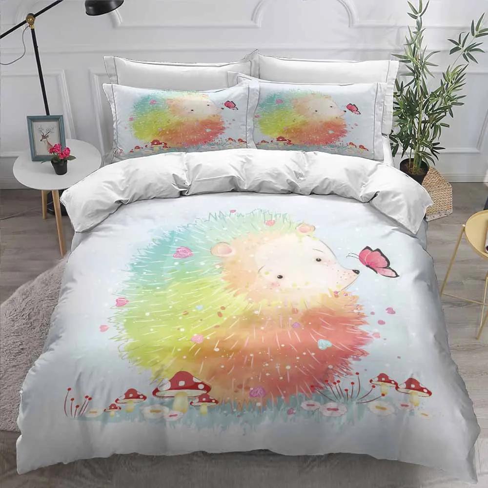 Printed Flower Hedgehog Duvet Cover Set Super Soft Comfortable 100% Polyester Bedding Set Cute Cartoon Kids Bed Linens Girl Boy