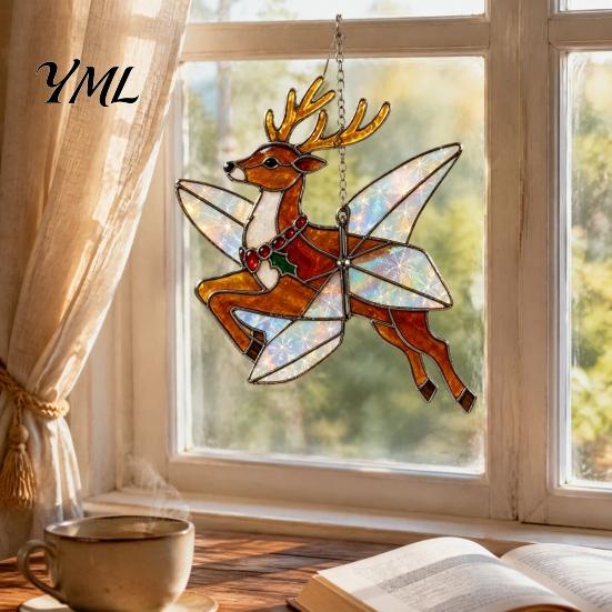 Christmas Tree Decor Snowman/Santa Claus/Deer Suncatcher, Stained Glass Style Pendant with Hanging Acrylic Chain, 2D Flat Ornament for Garden