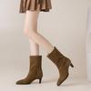 Krazing Pot Cow Suede Nubuck Autumn Winter Shoes Thick High Heels Big Size 43 Modern Boots Square Toe Keep Warm Slip on Mid-calf Boots