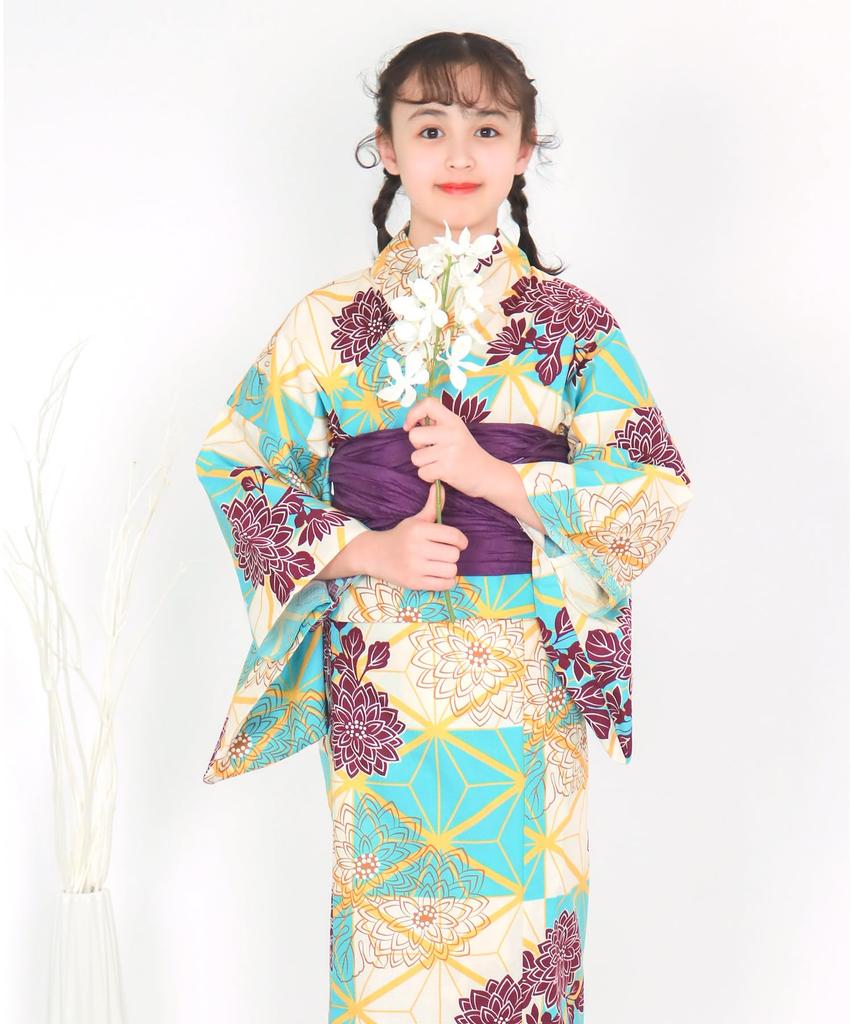 Yukata Set Junior Retro Change Weave 3 Piece Set Heiko Girls [KYOETSU] (Yukata, Obi, Geta) (150cm, 5.Shadow Chrysanthemum)