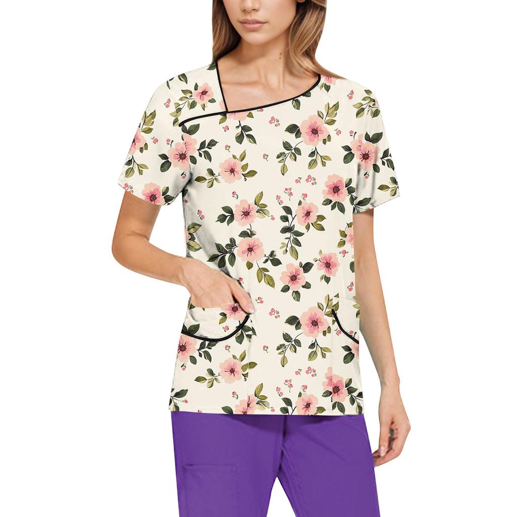 Dámské potištěné pracovní oblečení, šikmý límec a dvojité kapsy, základní top pulovr