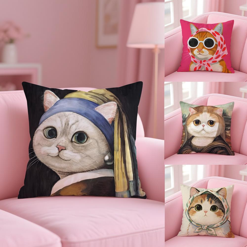 Art Cat Cute Cushion Cover Plush Fabric Soft Double-Sided Printed Sofa Warm Winter Home Child Gift Pillow Case