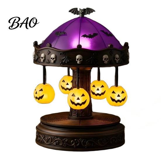 Halloween Tabletop Decor Ghost Carousel Light, Night Gothic Stained Glass Shade Vintage Resin with Floating Ghosts/Pumpkins, Spooky Table Lamp