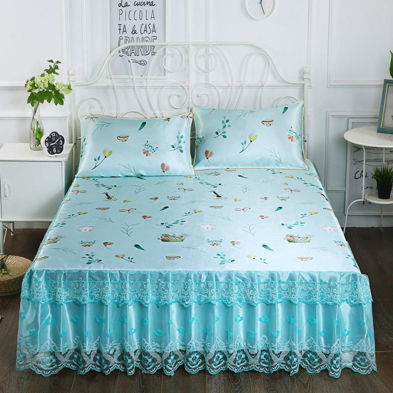 3-teilige Kühlmatte, Spitzen-Bettrock, Eismatte, moderne Bettüberwürfe, hautfreundliches Bettwäsche-Set, Stoff für Queen-Size-Betten mit Kissenbezug