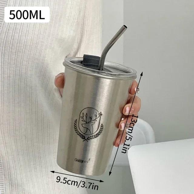 New  Stainless Steel Coffee Mug with Straw Lid Portable Coffee Cup Drinking Beer Milk Water Cup Restaurant Bar Party 500ml