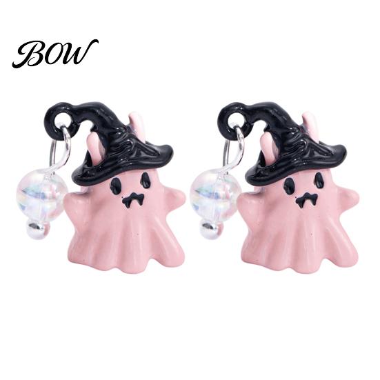 Cute Ghost Earrings 1 Pair Stud Earrings, Spooky Mini Pink for Halloween with Wizard Hat, Jewelry Gift Women