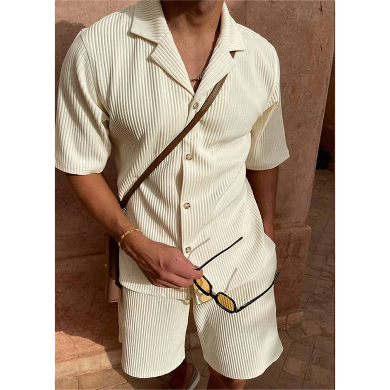 

Костюм весна/лето однотонный вельветовый рубашка с короткими рукавами и шорты эластичный пляжный повседневный костюм M бежевый