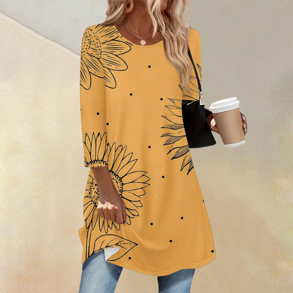 Dame Mote Casual Trekvartsermet Lang Blomstermønstret Rundhals Topp