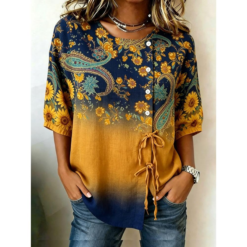 Women's Ombre Paisley Floral Print Drawstring Button Up Blouse, Casual Round Neck Tops for Spring Summer Daily Vacation Wear