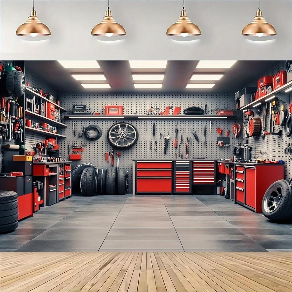 1 piece of maintenance theme 2D party polyester background garage red toolbox suitable for mechanical decoration