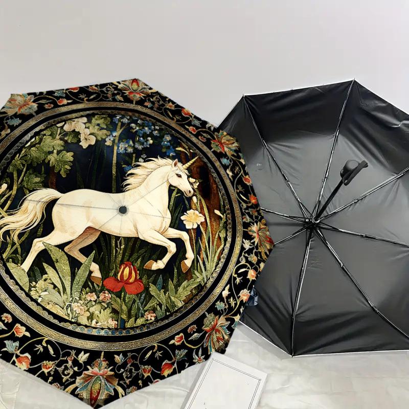 1PC Unicorn Floral Umbrella-8-Rib Reinforced, Automatic Open, Lightweight & Durable, Cute Fashion Accessory for Outdoor, Beach or Casual Use, Beach Um