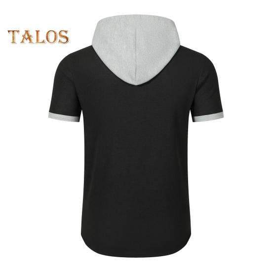 Men's Summer Hooded T-shirt Short Sleeved Button Down Tee with Chest Pocket Waffle Color Block Casual Hoodie T-shirt for Gym Street Wear