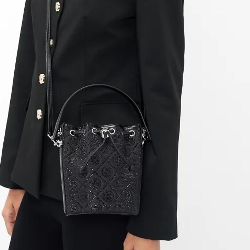 Tory Burch T Monogram Brand Logo Drawstring Closure Cotton Bucket Bag Mini Women bags Black 162810-001