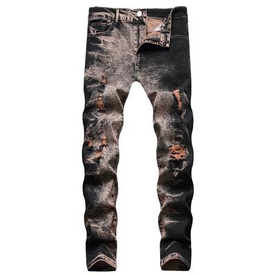 2024 Neue europäische und amerikanische Stretch-Jeans für Herren mit kaputten Löchern, gebrauchten, abgenutzten und gefärbten Hosen mit geradem Bein