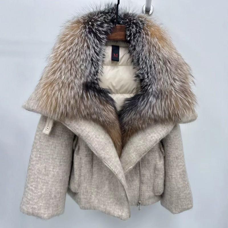 Womens 2026 Winter Goose Down Coat With Real Fox Fur Collar Loose Wool-Blend Puffer Short Jacket