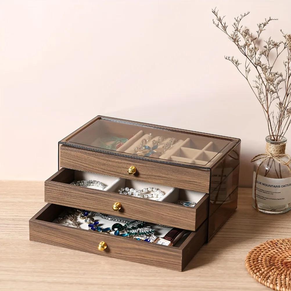 Vintage Wooden Jewelry Box Three Layer Wooden Drawer Storage Box Velvet Lined Display Box Multifunctional Acrylic Storage Boxs