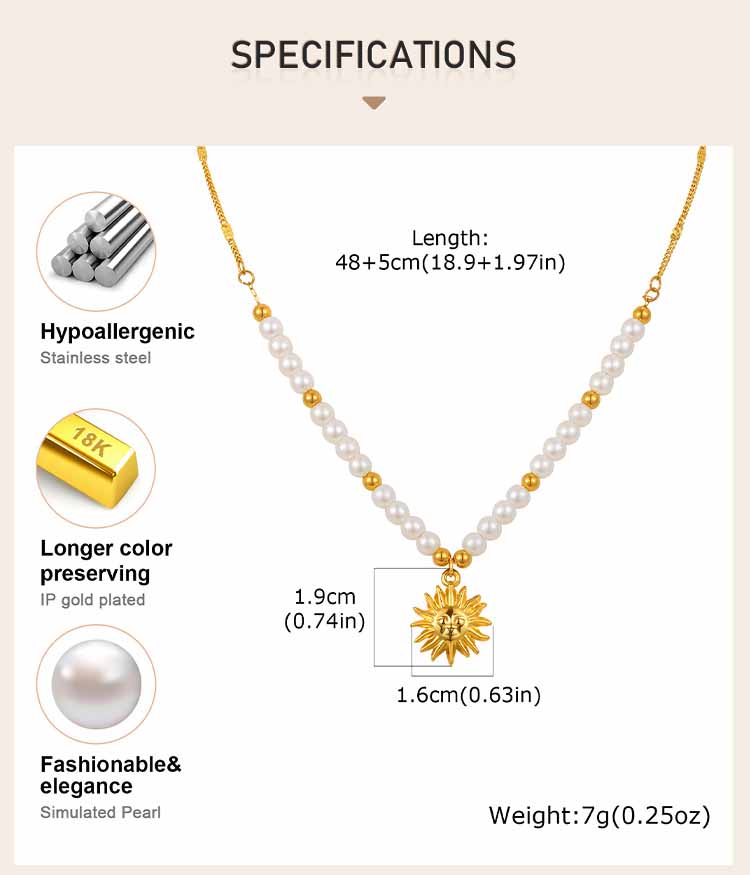 Pearl Beaded Pendant Necklace Stainless Steel 18K PVD Gold Plated Waterproof Tarnish Free Sun Shell Heart Zircon Choker Jewelry