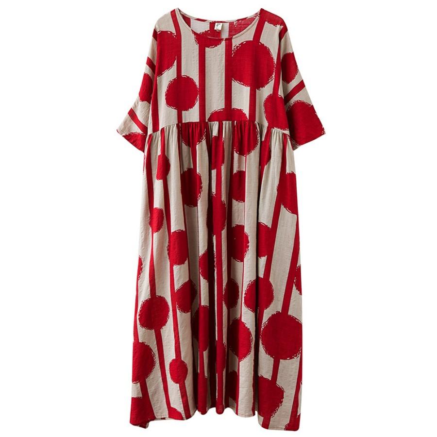 Letní Červená Černá Velké Puntíkaté Bavlněné Povlečení Šaty nadměrné velikosti Oversized Retro Volné Proužkované Maxi Dlouhé šaty O Výstřih pro ženy