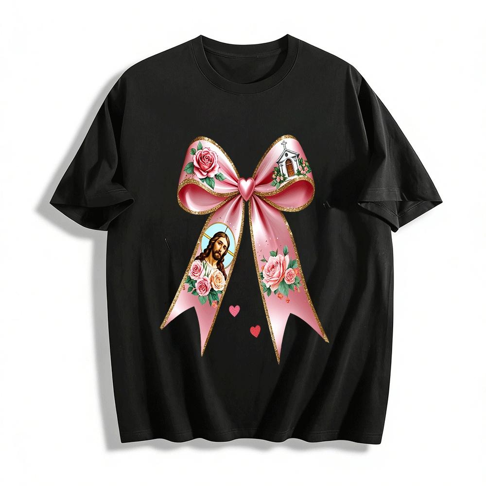 Jesus Sacred Heart Rose Bow Print Casual Religious Top Pure cotton T-shirt XXS