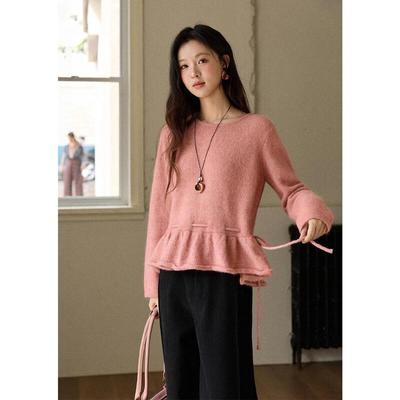 Mishow Himbeerrosa Strickpullover mit Kordelzug