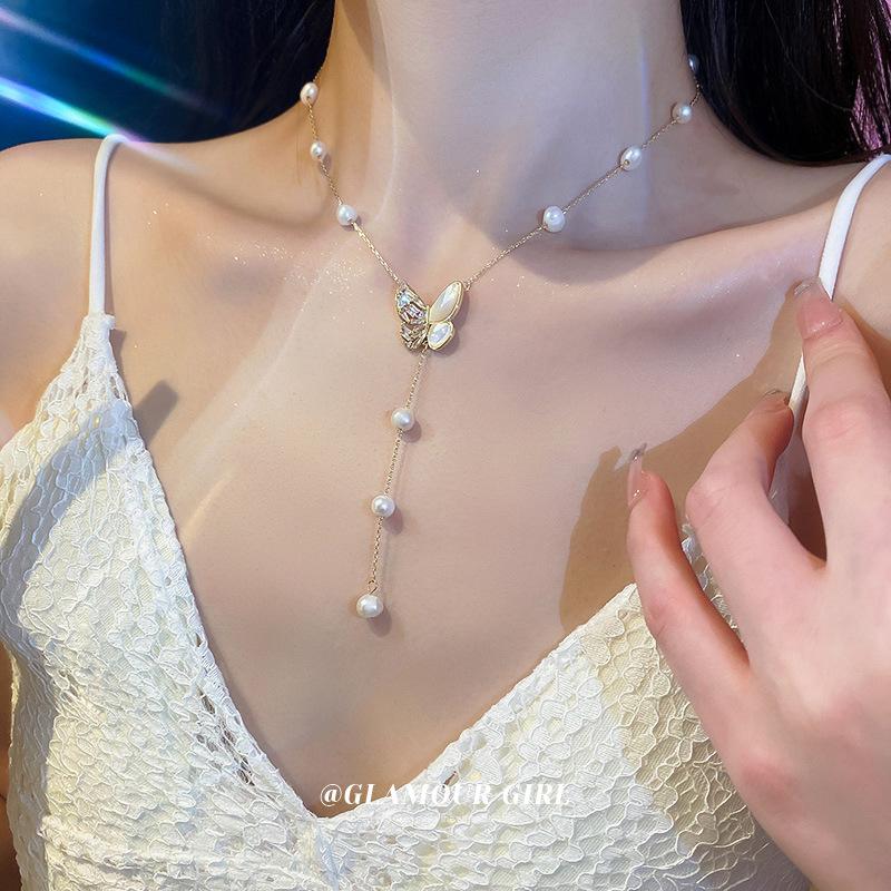 100% Natural Freshwater Pearl 14K Gold Filled Trendy Butterfly Shiny Crystal Female Pendant Necklace For Women Chains