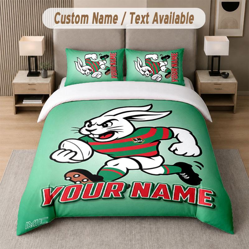 Custom Bedding Set South Sydney Rabbitohs Pattern, Print Name Text 1 Duvet Cover Plus 2 Pillowcases Home Textile