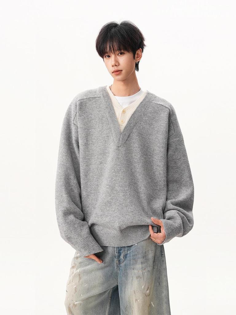 Men's Retro Deep V-Neck Henley Sweater - Autumn Style, High-End American Knitwear