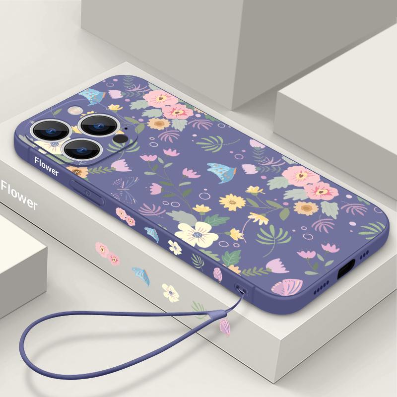 Shockproof Flower Print Phone Case For iPhone 16 15 14 Pro Max 13 Plus 12 Mini 11 16e 17e 17 Pro Max Slim TPU Soft Lanyard Cover