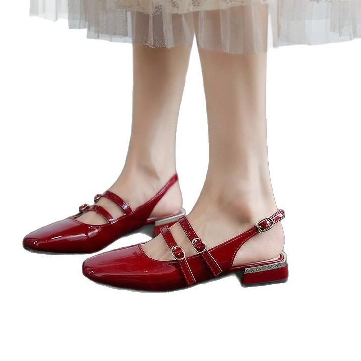 Retro red Mary Jane shoes women's 2025 summer new French low-heeled bag head sandals women's flat shoes women's single shoes