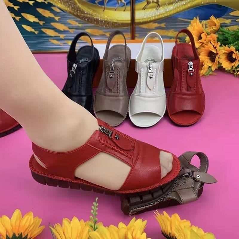 WTEMPO Soft Leather Sandals Women's Soft Sole Versatile Casual Zipper Solid Color Comfortable Flat Heel Fish Mouth Single Shoes Dropshipping Wholesale