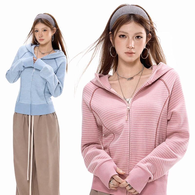 ICH MODE Women s Striped Cropped Zip Hoodie M