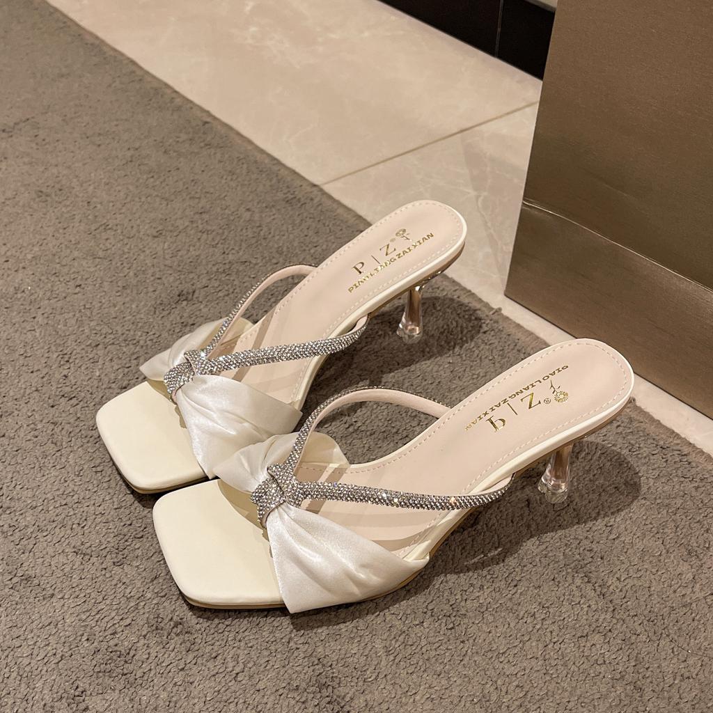 Black Word with Satin Rhinestones 2025 Summer New High Heels Cool Slippers Sandals Women's Bow Open-toe Wear