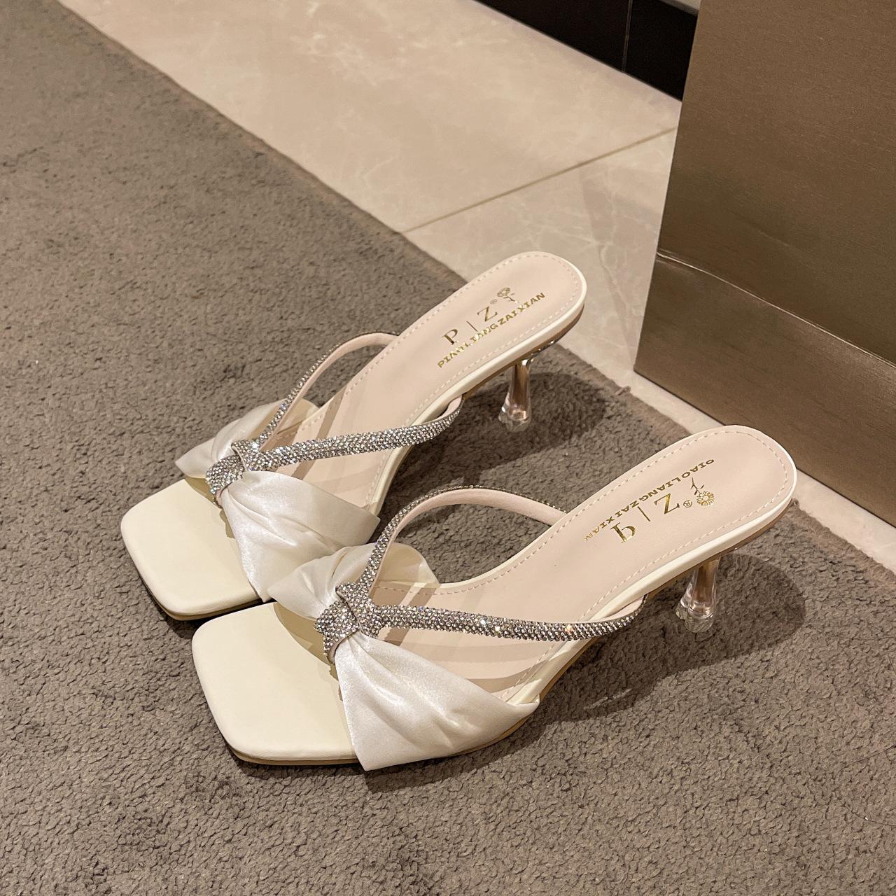 

Шлепанцы с открытым носком, женские, со стразами, с сандалиями, на тонком каблуке, сексуальные туфли на высоком каблуке, не утомляют ноги, фея с юбкой и половинкой 35