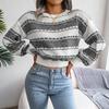 Long Sleeve Loose Knit Sweater for Women O Neck All Match Contrast Fall Winter S-L