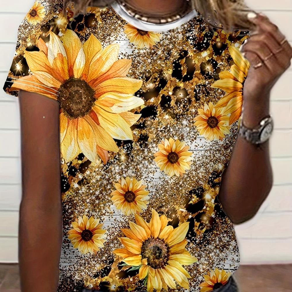 Elegant, Fashionable And Fresh Floral Print Summer Round Neck Women's Slim T-shirt Summer Casual Versatile Women's 2K Top